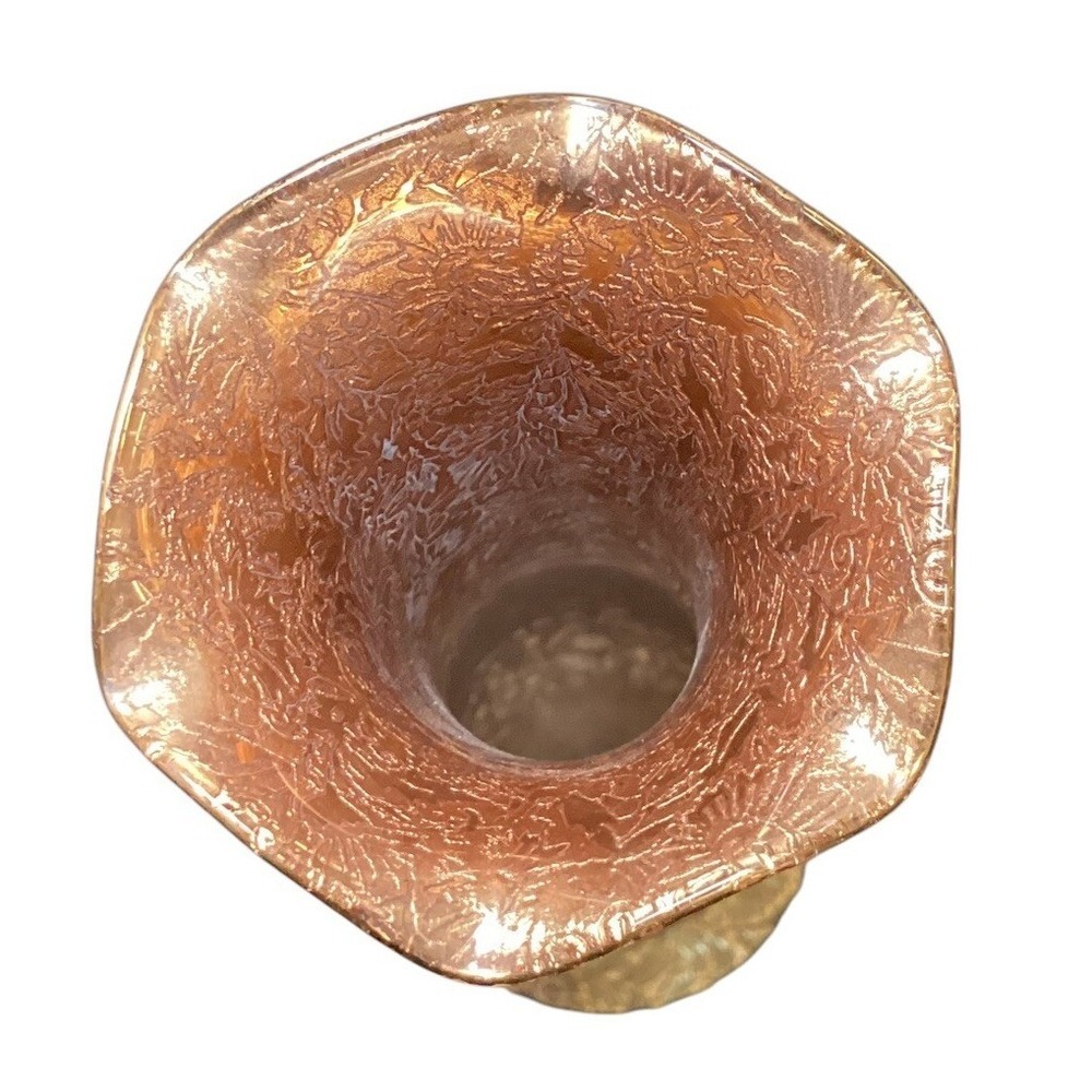 Vintage Embossed Floral Metallic Gold Glass Bud Vase 10 Inch Scalloped Rim - Picture 4 of 5